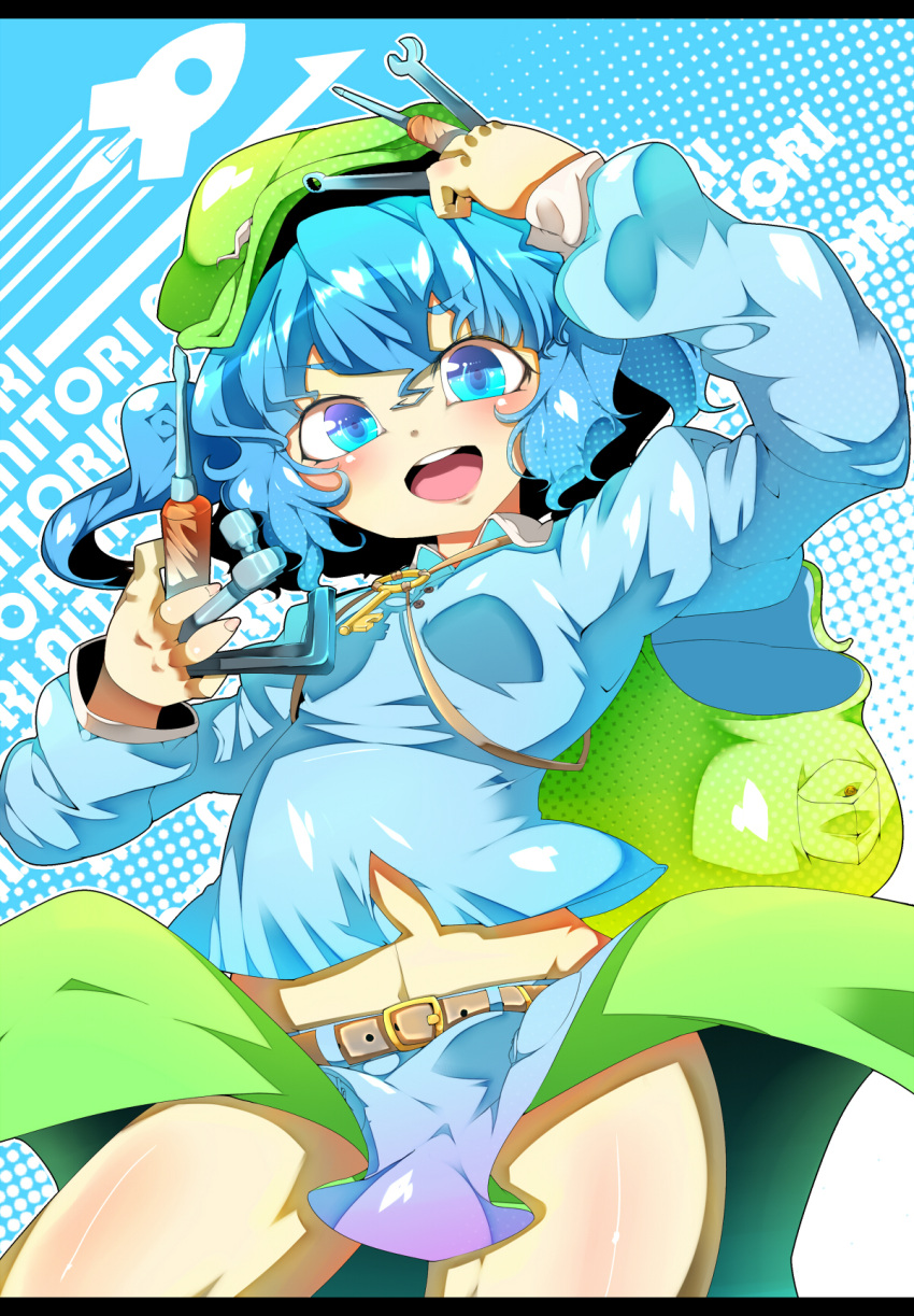 backpack bag belt blue_eyes blue_hair blush commentary_request female hat highres jinkou-kuu kawashiro_nitori key long_sleeves navel open_mouth puffy_sleeves screwdriver solo touhou two_side_up wrench