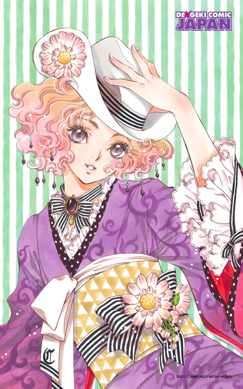 2011 bashamichi brooch choker clamp_(circle) cowboy_hat curly_hair eyelashes female fingernails flower frilled_sleeves frills hair_ornament hand_on_headwear hands hat hat_flower highres japanese_clothes jewelry kimono obi official_art parted_lips photoshop_(medium) ribbon_choker sash short_hair smile solo striped striped_background watermark wide_sleeves