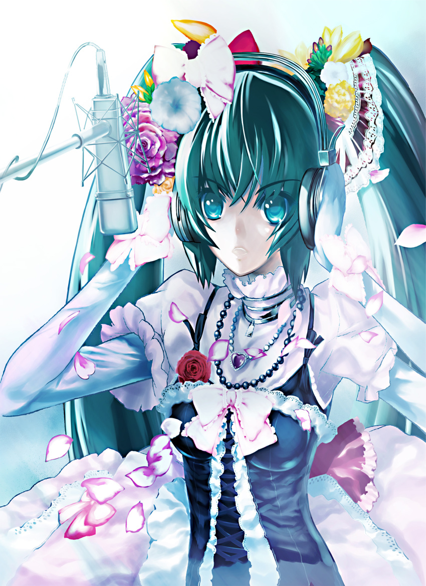 aqua_hair bad_id bad_pixiv_id blue_eyes dress female flower hair_flower hair_ornament hands_on_headphones hatsune_miku headphones hekiten highres long_hair microphone petals photoshop_(medium) solo twintails very_long_hair vocaloid