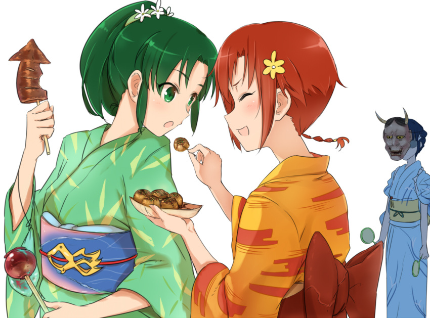 3girls aoki_reika blue_hair blush candy_apple closed_eyes commentary_request feeding flower food green_eyes green_hair hair_flower hair_ornament hannya hino_akane_(smile_precure!) ikayaki japanese_clothes jealous kimono long_hair mask midorikawa_nao minatsuki_randoseru multiple_girls open_mouth ponytail precure red_hair shaded_face short_hair smile smile_precure squid takoyaki yukata yuri