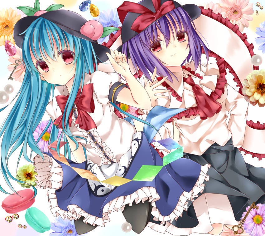 2girls bad_id bad_pixiv_id black_legwear blue_hair bow capelet flower food fruit hat hat_bow highres hinanawi_tenshi key leaf long_hair multiple_girls nagae_iku pantyhose peach purple_hair red_eyes ribbon saijou_haruki shawl short_hair skirt touhou