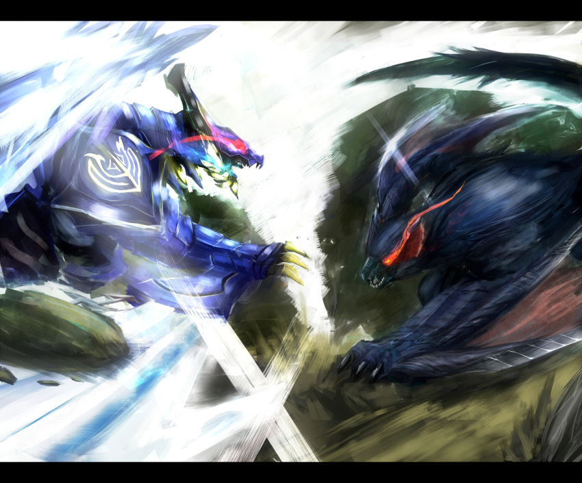 aragami battle caligula claws commentary_request glowing glowing_eyes god_eater god_eater_burst kyuutinn letterboxed monster_hunter_(series) nargacuga no_humans open_mouth