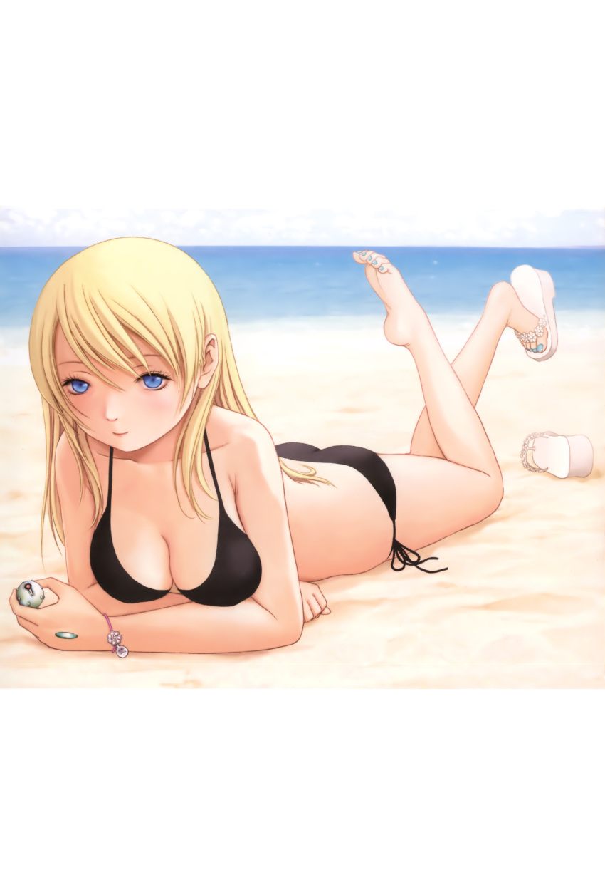 absurdres ass barefoot beach bikini black_bikini blonde_hair blue_eyes blue_nails bracelet breasts btooom! day feet female highres himiko_(btooom!) inoue_jun'ya jewelry long_hair lying medium_breasts nail_polish official_art on_stomach sand shoes side-tie_bikini_bottom single_shoe soles solo swimsuit the_pose third-party_source toenail_polish toenails toes