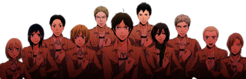 4girls 6+boys annie_leonhart armin_arlert bad_id bad_pixiv_id bertolt_hoover black_hair blonde_hair connie_springer emblem eren_yeager freckles highres jean_kirstein krista_lenz marco_bott mesubarutan mikasa_ackerman multiple_boys multiple_girls paradis_military_uniform potato reiner_braun salute sasha_blouse shingeki_no_kyojin training_corps_(emblem) uniform white_background