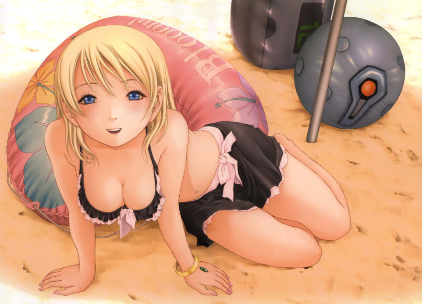 absurdres bare_shoulders beach blonde_hair blue_eyes bracelet breasts btooom! cleavage day female highres himiko_(btooom!) inoue_jun'ya jewelry long_hair medium_breasts nail official_art skirt solo swimsuit third-party_source