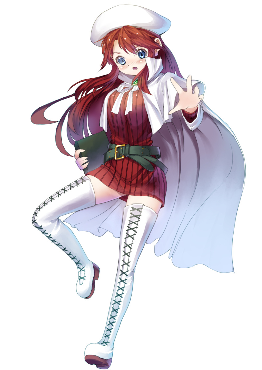 aty_(summon_night) belt beret blue_eyes blush book boots commentary_request female hat highres long_hair loose_belt open_mouth outstretched_arm red_hair sakimori_dan solo summon_night summon_night_3 thigh_boots thighhighs turtleneck white_footwear