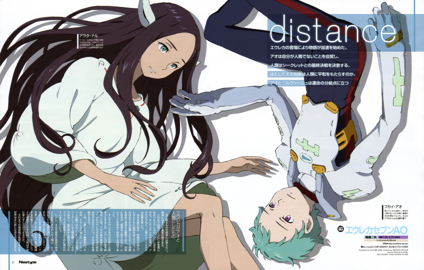 1boy absurdres aqua_hair arata_naru armor black_hair blue_eyes bodysuit breastplate breasts character_name copyright_name dress eureka_seven_(series) eureka_seven_ao eye_contact female fukai_ao gloves highres horns kani_satomi long_hair looking_at_another magazine_scan newtype official_art page_number parted_lips pilot_suit purple_eyes scan shadow short_hair simple_background small_breasts tan text_focus turtleneck upside-down very_long_hair white_background wide_sleeves