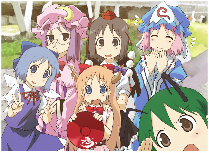 6+girls adjusting_eyewear aioi_yuuko akuto antennae arawi_keiichi_(style) black_eyes black_hair blue_eyes blue_hair book bow bowl brown_eyes brown_hair cape cirno cirno_(cosplay) closed_eyes commentary_request cosplay double_v dress flying_sweatdrops glasses green_hair hairbow hand_to_own_mouth hat horns ibuki_suika ibuki_suika_(cosplay) long_hair minakami_mai multiple_girls naganohara_mio nichijou open_mouth orange_hair outdoors parody patchouli_knowledge patchouli_knowledge_(cosplay) pink_hair professor_shinonome purple_hair ribbon saigyouji_yuyuko saigyouji_yuyuko_(cosplay) sakurai_izumi shameimaru_aya shameimaru_aya_(cosplay) shinonome_nano short_hair smile standing style_parody tokin_hat touhou triangular_headpiece v wings wriggle_nightbug wriggle_nightbug_(cosplay)