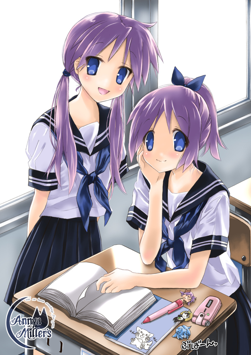 2girls alternate_hairstyle blue_eyes book commentary_request desk highres hiiragi_kagami hiiragi_tsukasa long_hair lucky_star multiple_girls nyanmilla purple_hair school_desk school_uniform serafuku short_hair siblings sisters twins twintails