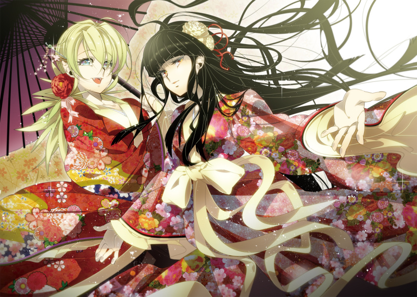 2girls alucard_(hellsing) bad_id bad_pixiv_id flower genderswap_(mtf) girlycard hair_flower hair_ornament hellsing highres japanese_clothes misaka_(missa) multiple_girls oerba_yun_fang oil-paper_umbrella photoshop_(medium) pointy_ears rule_63 seras_victoria smile umbrella vampire