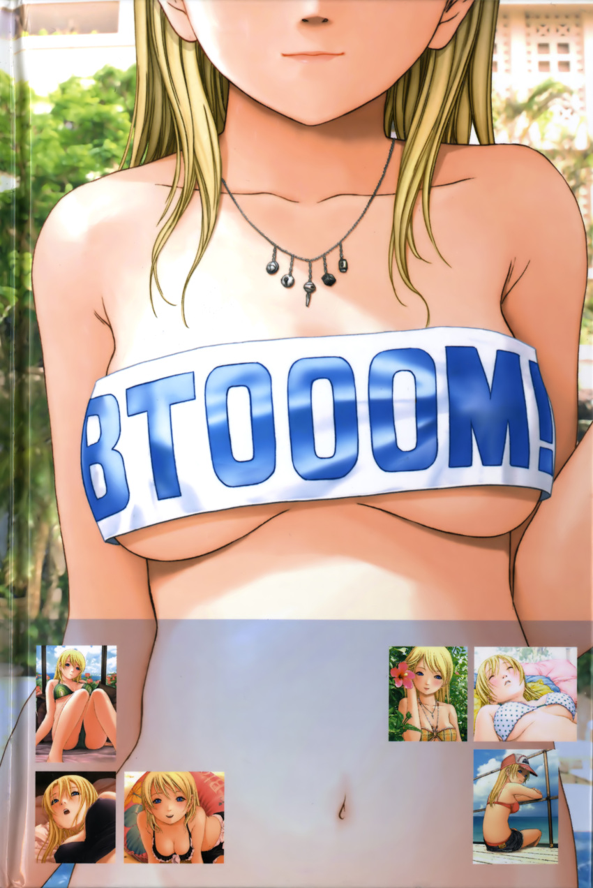 absurdres blonde_hair breasts btooom! closed_mouth female highres himiko_(btooom!) inoue_jun'ya jewelry long_hair medium_breasts navel necklace official_art scan scan_artifacts smile solo third-party_source underboob