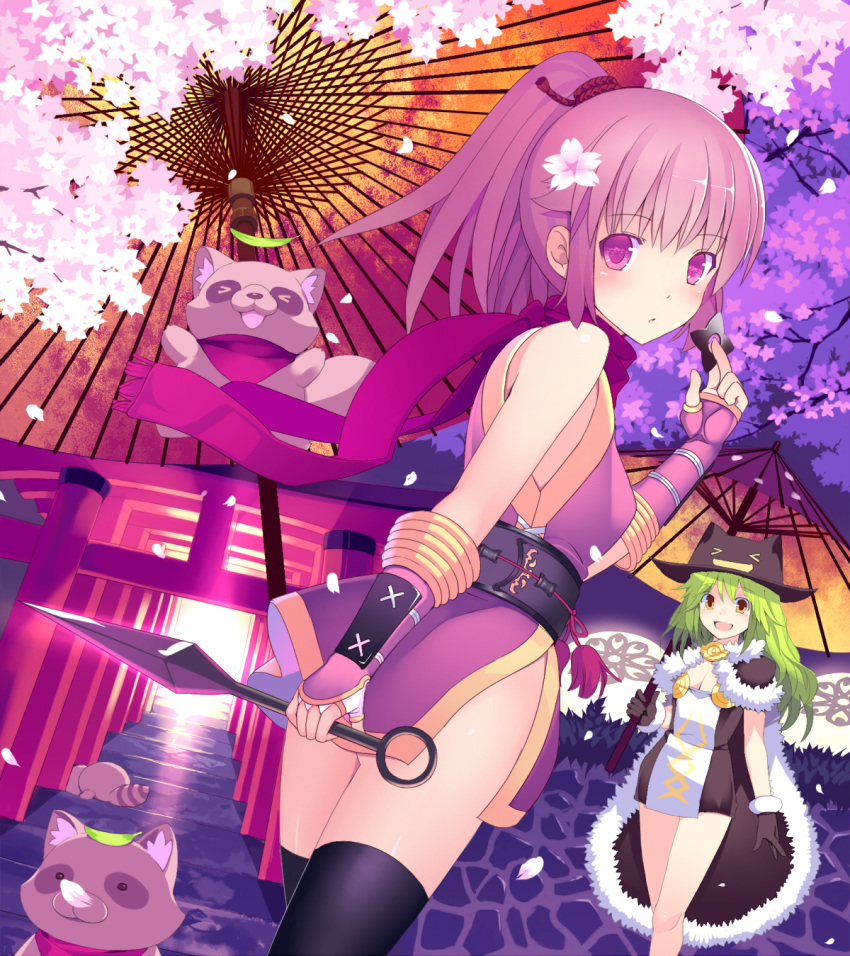 >_< 2girls bare_shoulders belt black_thighhighs blue_eyes breasts cape cherry_blossoms cleavage closed_eyes commentary_request dagger deviruchi dress fingerless_gloves fireflysnow flower from_behind gloves green_hair hair_flower hair_ornament hat high_wizard_(ragnarok_online) highres japanese_clothes kimono knife kunai leaf long_hair looking_back medium_breasts multiple_girls ninja ninja_(ragnarok_online) oil-paper_umbrella petals pink_eyes pink_hair ponytail purple_hair purple_scarf raccoon ragnarok_online scarf short_hair short_kimono shuriken sleeveless smokie_(ragnarok_online) stairs thighhighs torii twilight umbrella weapon yellow_eyes