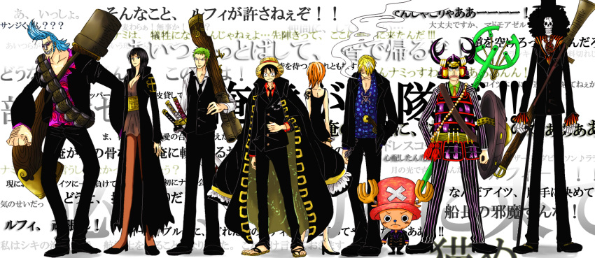 2girls afro armor belt black_hair black_pants blonde_hair blue_hair bolo_tie brook cane dress formal franky full_body green_hair gun hair_over_one_eye hat hawaiian_shirt helmet highres jacket_on_shoulders long_image monkey_d_luffy multiple_boys multiple_girls nami nami_(one_piece) necktie nico_robin one_piece one_piece:_strong_world orange_hair pants pinstripe_suit polka_dot polka_dot_shirt reindeer roronoa_zoro sandals sanji sheathed_sword shield shirt skeleton slingshot standing straw_hat striped striped_pants sunglasses sword tattoo tony_tony_chopper top_hat usopp waistcoat weapon wide_image