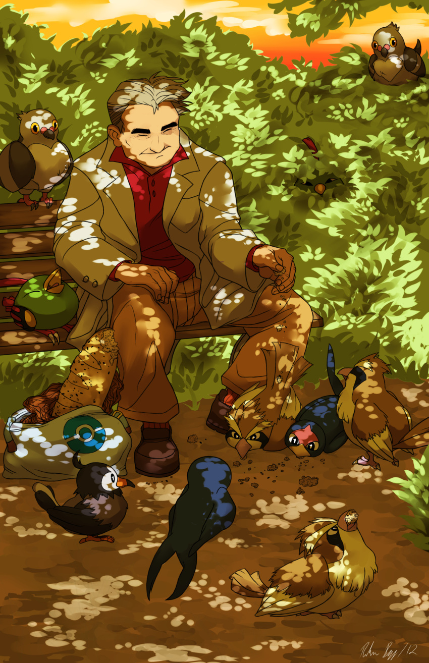 1boy bag bench bird bread closed_eyes closed_eyes dappled_sunlight feeding food grass highres labcoat male male_focus natu nature ookido_yukinari pidgey pidove pokemon roughreaill short_hair signature sitting smile solo starly sunlight taillow yawning