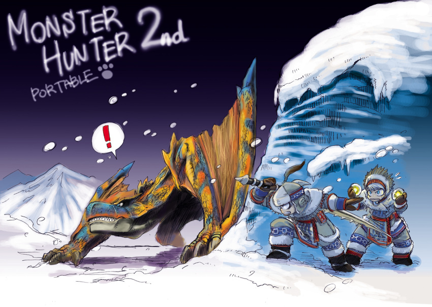 ! 2boys aqua_eyes bad_id bad_pixiv_id claws fuse_ryuuta helmet lagombi_(armor) monster_hunter_(character) monster_hunter_(series) multiple_boys photoshop_(medium) snow snowball snowing spoken_exclamation_mark sword tigrex weapon