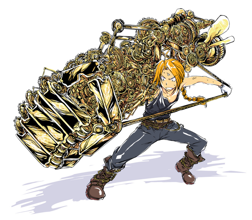 1boy alphonse_elric blonde_hair braid commentary_request edward_elric fullmetal_alchemist gears hataraki_ari highres machine male_focus mechanical_arms photoshop_(medium) power_fist prosthesis prosthetic_arm single_mechanical_arm steampunk