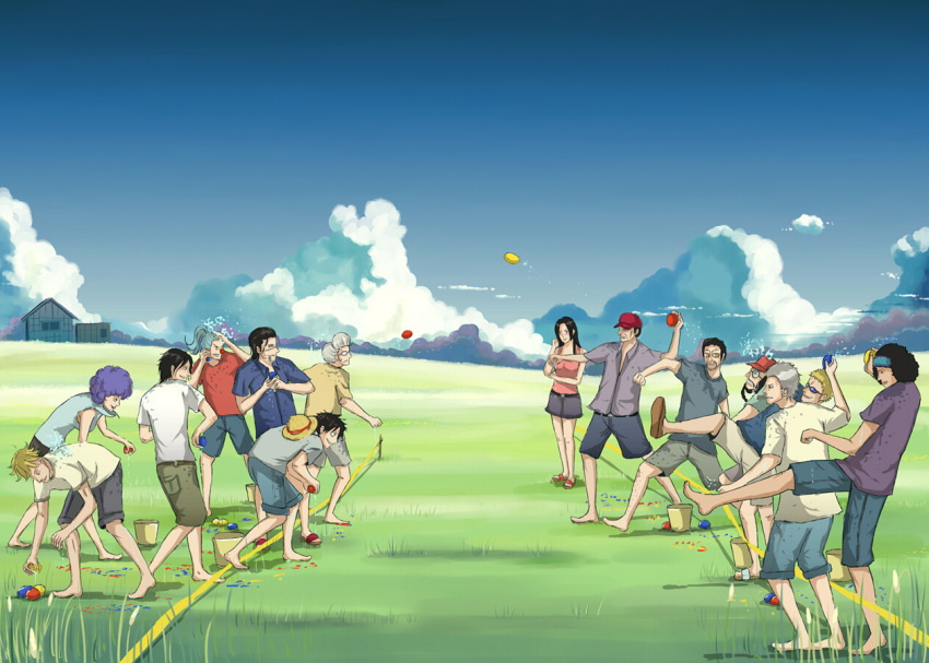 2girls 6+boys balloon barefoot baseball_cap blue_hair boa_hancock borsalino_(kizaru) buggy_the_clown cloud donquiote_doflamingo donquixote_doflamingo emporio_ivankov fight fighting glasses grey_hair hat inazuma_(one_piece) kuzan_(aokiji) marco monkey_d_luffy multiple_boys multiple_girls one_piece outdoors ponytail portgas_d_ace sakazuki_(akainu) scenery sengoku_(one_piece) shichibukai shorts sir_crocodile smoker standing straw_hat throw throwing water water_balloon