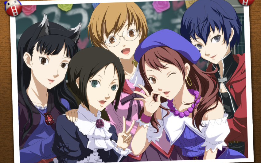 5girls amagi_yukiko animal_ears bad_id bad_pixiv_id bakemonogatari beret black_hair blue_hair brown_eyes brown_hair cosplay crossover earrings edward_elric edward_elric_(cosplay) fullmetal_alchemist glasses gokou_ruri gokou_ruri_(cosplay) green_eyes grey_eyes hanazawa_kana hanekawa_tsubasa hanekawa_tsubasa_(cosplay) hat highres holo holo_(cosplay) horie_yui idolmaster idolmaster_(classic) jewelry koshimizu_ami kouchou kugimiya_rie kujikawa_rise kuma_(persona_4) long_hair marie_(persona_4) minase_iori minase_iori_(cosplay) monogatari_(series) multiple_crossover multiple_girls necklace nekomonogatari nisemonogatari one_eye_closed open_mouth ore_no_imouto_ga_konna_ni_kawaii_wake_ga_nai paku_romi palace_of_dragon_(idolmaster) persona persona_4 persona_4_the_golden photo_(object) ryuuguu_komachi_(idolmaster) satonaka_chie shirogane_naoto short_hair smile spice_and_wolf twintails v voice_actor_connection wolf_ears wrist_cuffs