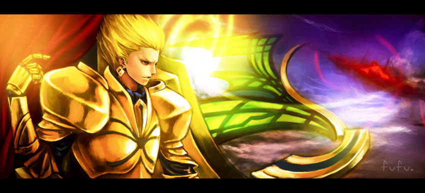 1boy armor blonde_hair commentary_request earrings fate/zero fate_(series) fufu_(dewkaede) gilgamesh_(fate) highres jewelry letterboxed male_focus photoshop_(medium) red_eyes short_hair signature solo vimana