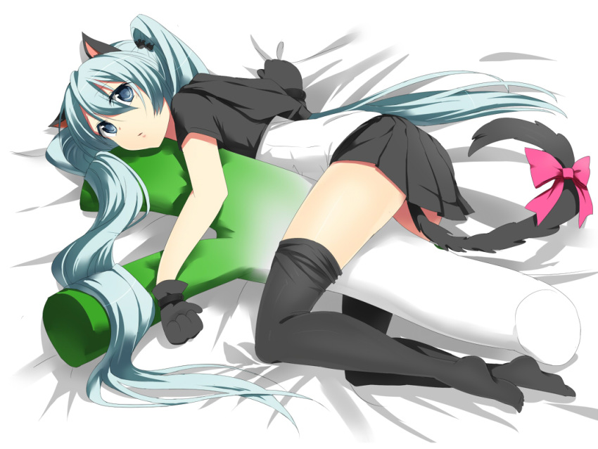 animal_ears aqua_eyes aqua_hair cat_ears cat_tail commentary_request female gloves hatsune_miku long_hair looking_at_viewer lying n39 skirt spring_onion tail thighhighs twintails very_long_hair vocaloid