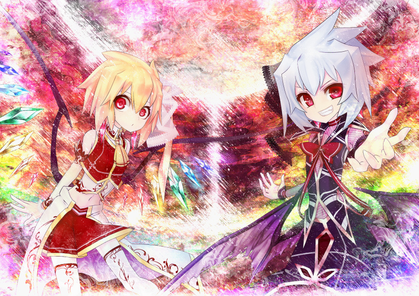 2girls alternate_costume ascot bat_wings blonde_hair bow bracelet commentary_request crystal earrings flandre_scarlet grin hair_ribbon highres jewelry kusakanmuri multiple_girls navel red_eyes remilia_scarlet ribbon short_hair siblings sisters sleeveless smile thighhighs touhou white_hair wings