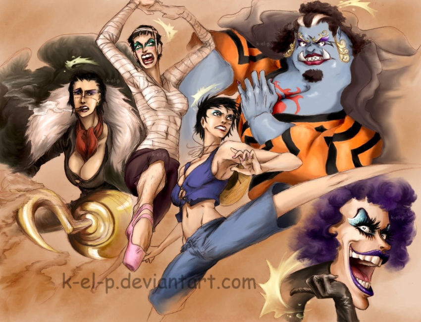 5girls amputee bandage black_hair blue_skin bon_clay breasts cleavage emporio_ivankov female gloves hat hook_hand jimbei lipstick makeup monkey_d_luffy multiple_girls one_piece purple_hair rule_63 scar sharp_teeth sir_crocodile straw_hat tusks