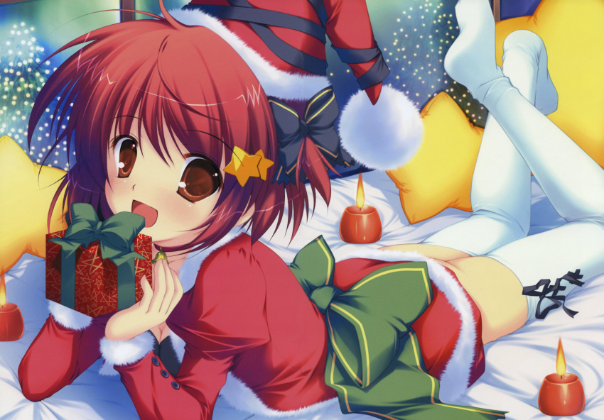 absurdres box candle christmas cross-laced_clothes cross-laced_legwear female gift gift_box hair_ornament hat highres hoshizora_no_memoria legs lying mikeou minahoshi_asuho on_stomach pillow red_eyes red_hair santa_costume santa_hat short_hair solo star_(symbol) star_hair_ornament thighhighs white_thighhighs