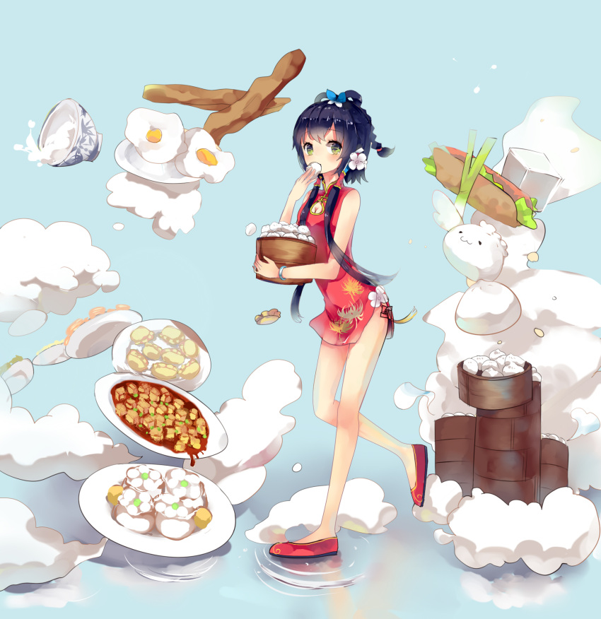 bamboo_steamer bangle baozi bare_shoulders black_hair bowl bracelet braid bread breasts bunuojiang china_dress chinese_clothes cleavage cleavage_cutout clothing_cutout cloud commentary_request dim_sum dress dumpling eating egg_(food) female flats floating floating_object flower food fried_egg green_eyes hair_flower hair_ornament highres holding holding_food jewelry jiaozi long_hair luo_tianyi mapo_tofu plate porridge red_dress red_footwear ripples short_dress short_hair_with_long_locks shumai_(food) sleeveless sleeveless_dress small_breasts solo spill spring_onion tofu vocaloid vsinger walking walking_on_liquid water