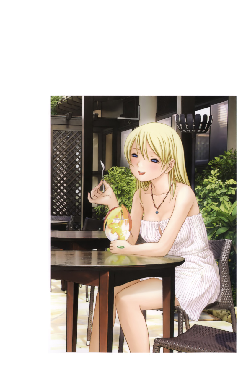 absurdres blonde_hair blue_eyes btooom! chair cup dress feet_out_of_frame female food highres himiko_(btooom!) holding holding_spoon inoue_jun'ya jewelry long_hair looking_at_viewer necklace official_art open_mouth outdoors parfait plant sitting smile solo spoon strapless strapless_dress sundress table white_dress