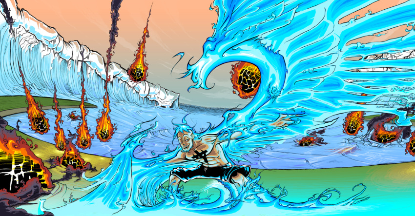 1boy abs blonde_hair blue_fire fiery_wings fighting_stance fire ice jolly_roger lava male male_focus marco marineford molten_rock muscle ocean one_piece outdoors pirate scenery shorts solo tattoo topless wings