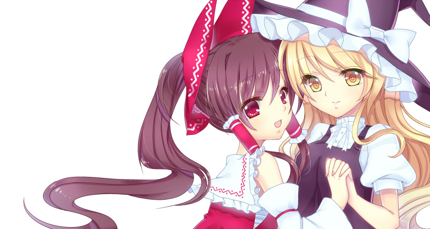 2girls :d bad_id bad_pixiv_id bare_shoulders blonde_hair bow braid brown_hair detached_sleeves hair_tubes hakurei_reimu hat hat_bow hat_ribbon highres holding_hands interlocked_fingers kirisame_marisa long_hair multiple_girls open_mouth ponytail red_eyes ribbon simple_background single_braid smile touhou umeko_(koori_ume) white_background white_bow witch_hat yellow_eyes yuri