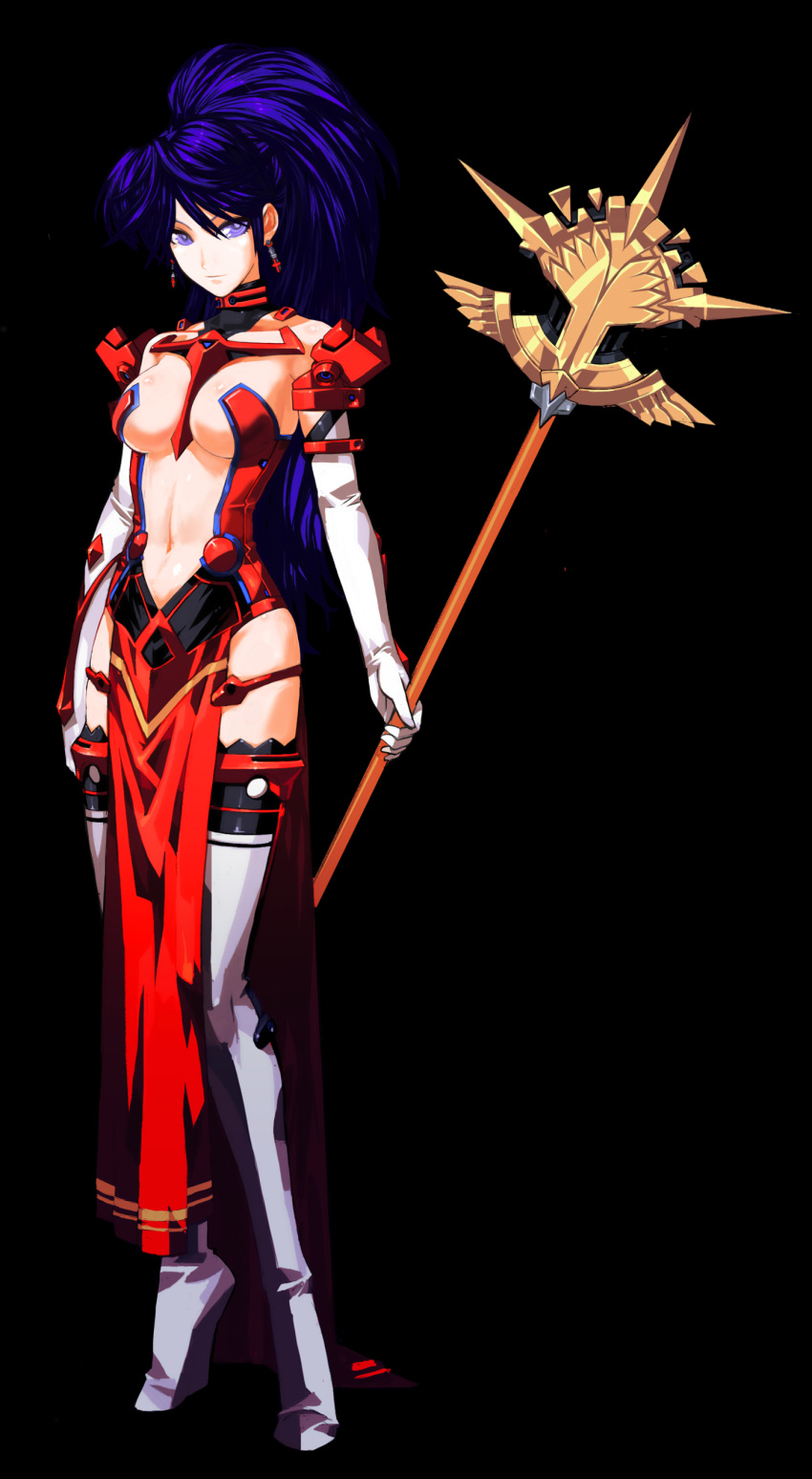 absurdres artist_request between_breasts black_background blue_eyes blue_hair breasts cleavage female full_body highres langrisser langrisser_schwarz large_breasts legs ponytail simple_background solo staff thighhighs underboob