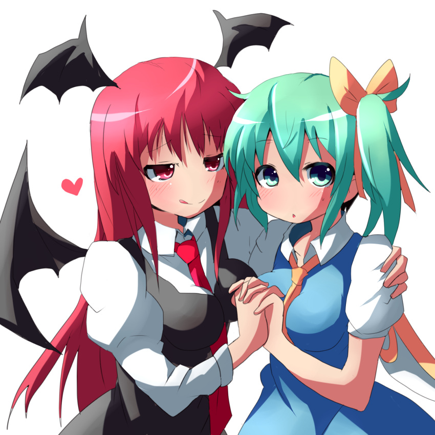 2girls :< :q ascot bat_wings blue_dress blush breasts commentary_request daiyousei dress dress_shirt fairy_wings green_eyes green_hair hair_ribbon head_wings heart highres holding_hands hug impossible_clothes impossible_dress impossible_vest interlocked_fingers koakuma kuromu_(underporno) large_breasts long_hair long_sleeves multiple_girls naughty_face necktie open_mouth puffy_sleeves red_eyes red_hair red_necktie ribbon shirt short_hair short_sleeves side_ponytail simple_background sweat tongue tongue_out touhou very_long_hair vest white_background white_shirt wings you_gonna_get_raped yuri