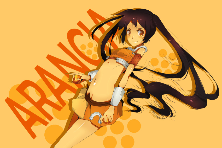 arancia brown_hair food fruit long_hair orange orange_eyes original rakkou twintails