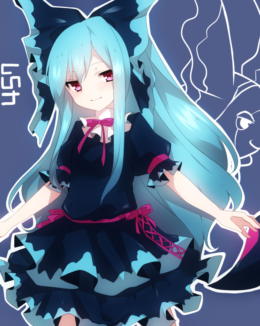 blue_hair bow commentary_request creature_and_personification dress female hairbow highres jitome long_hair looking_at_viewer lumineon personification pink_eyes pokedex_number pokemon smile solo takeshima_eku