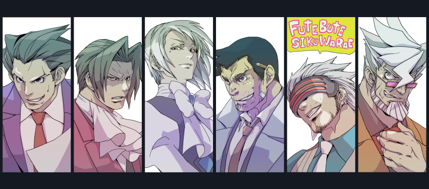 5boys adjusting_clothes adjusting_necktie ascot bandaid beard black_eyes blue_eyes bow brown_eyes brown_hair clenched_teeth coat column_lineup commentary_request damon_gant dick_gumshoe earrings facial_hair female formal glaring glasses godot_(ace_attorney) grey_hair grin gyakuten_saiban head-mounted_display highres jewelry karuma_mei miles_edgeworth mole mole_under_eye mov multiple_boys naruhodou_ryuuichi necktie object_behind_ear pencil phoenix_wright:_ace_attorney phoenix_wright:_ace_attorney_-_justice_for_all phoenix_wright:_ace_attorney_-_trials_and_tribulations simple_background smile stubble suit teeth tuxedo white_hair