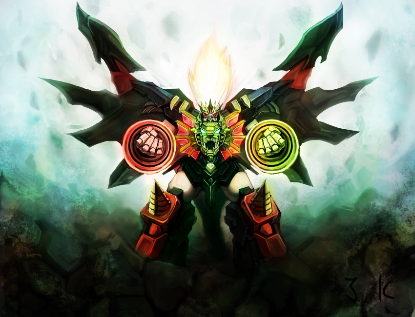 absurdres artistic_error bad_id bad_pixiv_id debris drill fangs genesic_gaogaigar glowing glowing_eyes green_eyes hell_and_heaven highres long_hair mecha no_humans photoshop_(medium) red_eyes robot ryou-k solo super_robot tail wings yuusha_ou_gaogaigar yuusha_ou_gaogaigar_final yuusha_series