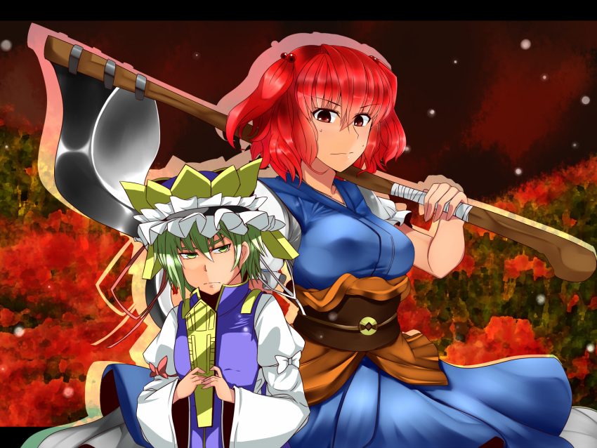 2girls bad_id bad_pixiv_id green_hair hair_bobbles hair_ornament highres meicha multiple_girls onozuka_komachi red_eyes red_hair rod_of_remorse scythe shiki_eiki short_hair touhou