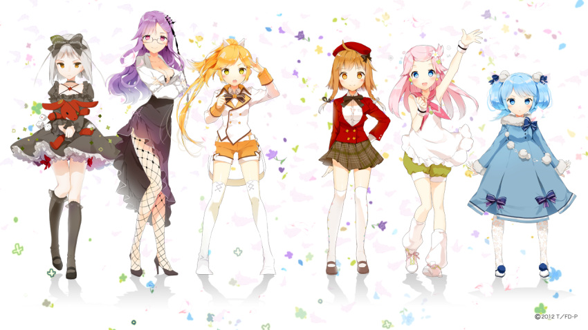 2012 6+girls :d akari_(fantasista_doll) anmi arm_up blonde_hair blue_eyes blue_hair blush breasts brown_eyes brown_hair cleavage crossed_arms dice dress earrings fantasista_doll fishnet_pantyhose fishnets glasses hair_ribbon holding jewelry katia_(fantasista_doll) looking_at_viewer madeleine_(fantasista_doll) medium_breasts multiple_girls open_mouth pantyhose pink_hair plaid plaid_skirt ponytail purple_eyes purple_hair ribbon sasara_(fantasista_doll) shimeji_(fantasista_doll) shorts silver_hair skirt smile socks star_(symbol) star_earrings stuffed_animal stuffed_rabbit stuffed_toy thighhighs uno_uzume waving white_socks white_thighhighs yellow_eyes