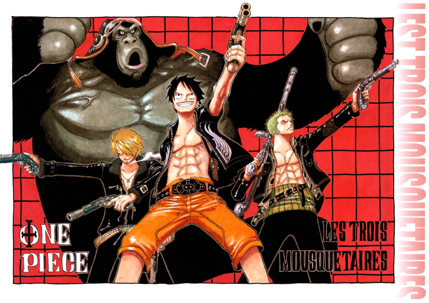 3boys black_hair black_pants blonde_hair cigarette dual_wielding gorilla green_hair gun hair_over_one_eye handgun haramaki highres jewelry male male_focus monkey_d_luffy multiple_boys necklace oda_eiichiro oda_eiichirou official_art one_piece open_clothes open_shirt orange_pants pants pistol roronoa_zoro sanji scar shirt smile smoking weapon zipper