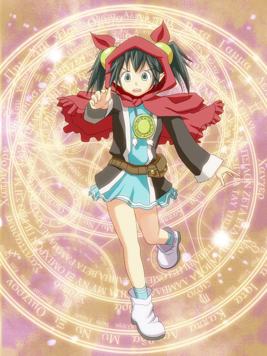 bag belt black_hair boots dark_hair duel_monster grey_eyes highres saambell_summoner short_hair skirt twintails yu-gi-oh! yuu-gi-ou_duel_monsters