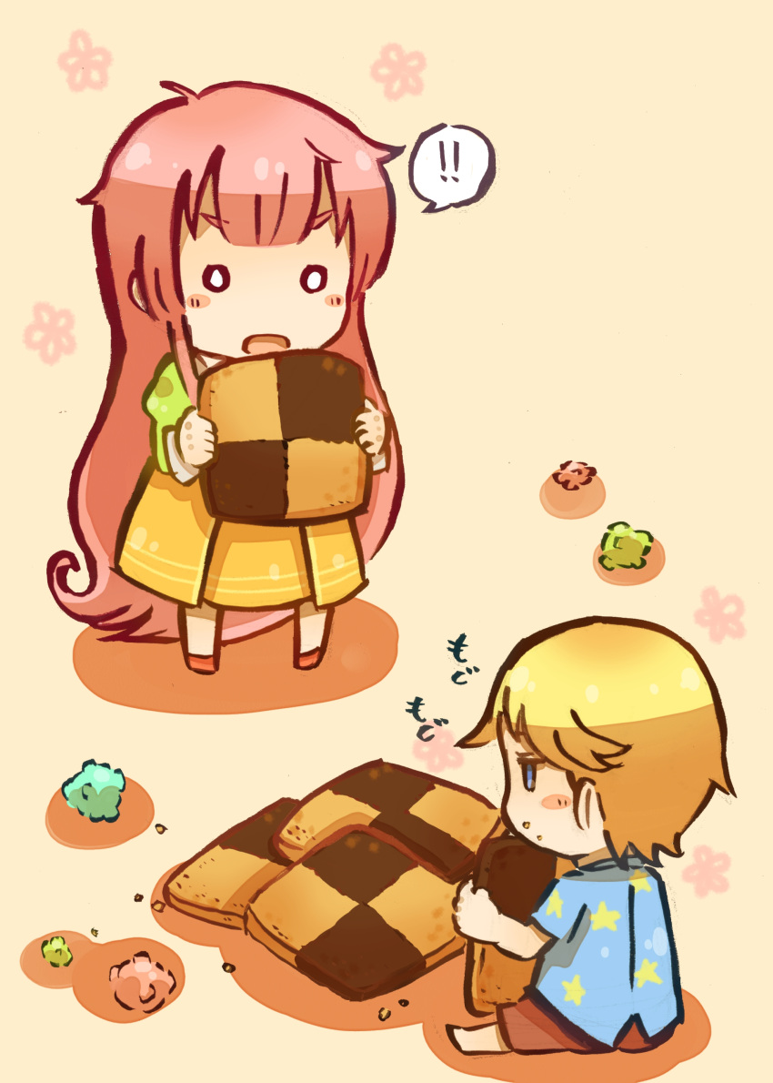 ! !! 1boy absurdres blonde_hair blue_eyes blush_stickers candy checkerboard_cookie commentary_request cookie female flower food highres jinrui_wa_suitai_shimashita joshu-san konpeitou long_hair mekako-coffee o_o open_mouth pink_hair shadow shirt short_hair simple_background sitting star_(symbol) watashi_(jintai)