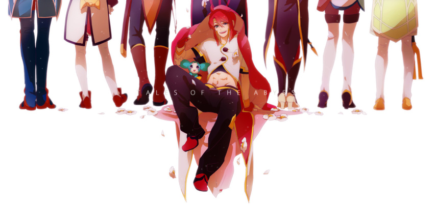 3girls 5boys abs anise_tatlin asch_(tales) boots commentary_request copyright_name gloves green_eyes guy_cecil ion_(tales) jade_curtiss luke_fon_fabre mieu_(tales) mohi_(neku_re) multiple_boys multiple_girls natalia_luzu_kimlasca_lanvaldear pants partial_commentary red_hair shoes sitting smile tales_of_(series) tales_of_the_abyss tear_grants white_background