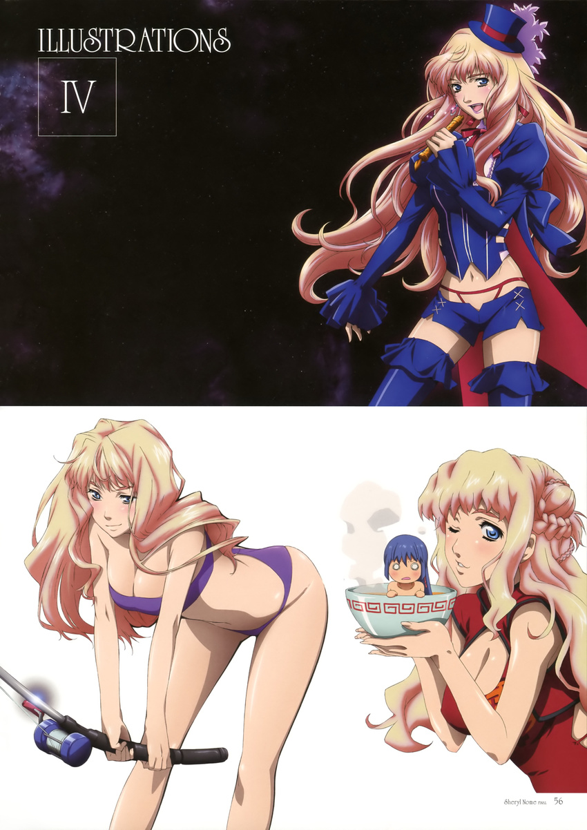 1boy absurdres bandeau bent_over bikini blonde_hair blue_eyes blue_hair blush bowl breasts chibi china_dress chinese_clothes cleavage cleavage_cutout clothing_cutout dress earrings female fishing_rod hat highres in_bowl in_container jewelry lipstick long_hair macross macross_frontier makeup medium_breasts microphone midriff mini_hat mini_top_hat navel official_art one_eye_closed ootsuka_yae open_mouth saotome_alto scan sheryl_nome shiny_skin single_earring swimsuit thighhighs top_hat