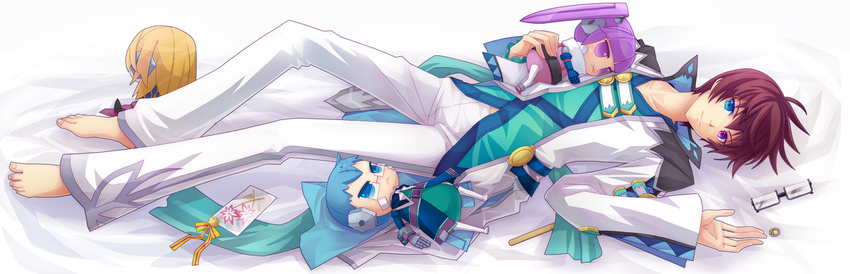 1boy :< :x asbel_lhant bad_id bad_pixiv_id barefoot blonde_hair blue_eyes blue_hair bow brown_hair card character_doll coat doll feet from_behind full_body glasses heterochromia hubert_ozwell jewelry long_hair lying male_focus pants photoshop_(medium) ponytail purple_eyes purple_hair retpa ribbon richard_(tales) ring smile solo sophie_(tales) tales_of_(series) tales_of_graces