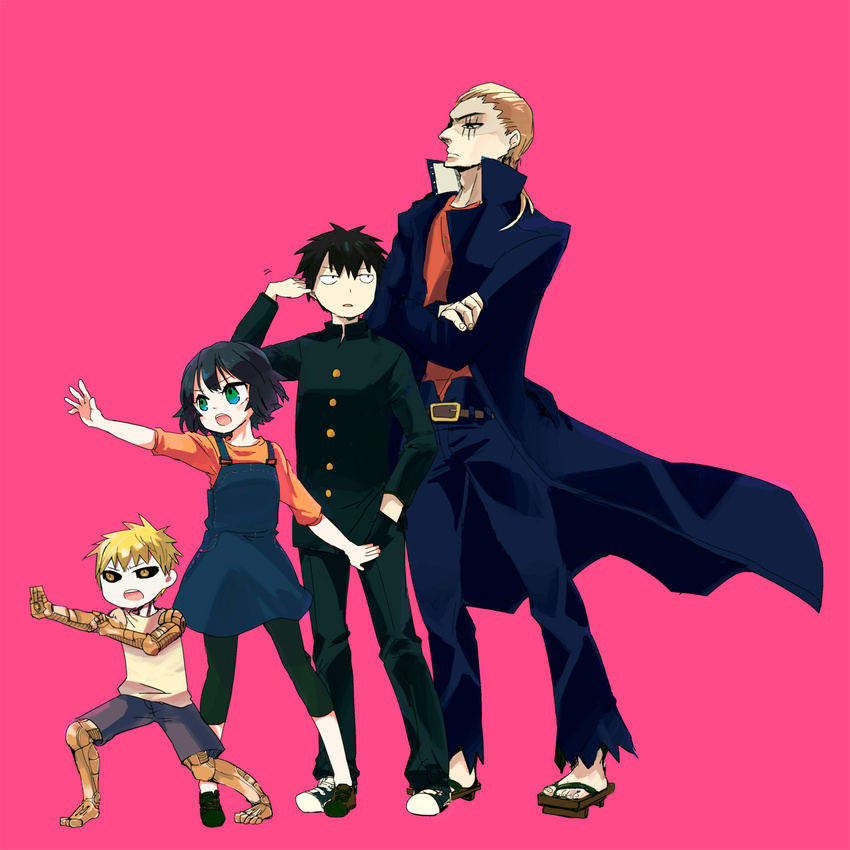 3boys aged_down black_hair black_sclera blonde_hair colored_sclera cyborg female fubuki_(one-punch_man) gakuran genos geta green_eyes highres king_(one-punch_man) lolicon multiple_boys one-punch_man pink_background saitama_(one-punch_man) scar school_uniform short_hair teenage textless_version una_(mazinger) yellow_eyes