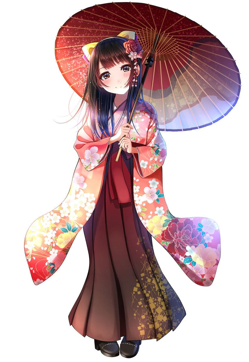 black_footwear blush bow brown_eyes brown_hair brown_hakama commentary_request female flower full_body hair_flower hair_ornament hairbow hakama hakama_skirt head_tilt highres holding holding_umbrella japanese_clothes kentaurosu kimono long_hair long_sleeves looking_at_viewer matsuno_chiya oil-paper_umbrella original purple_bow red_flower red_umbrella simple_background skirt smile solo standing umbrella white_background yellow_bow yukata