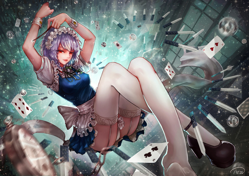 blue_hair bow braids bubbles dress garter_belt headband izayoi_sakuya jpeg_artifacts kiyomasa_ren knife maid orange_eyes short_hair signed stockings thighhighs touhou