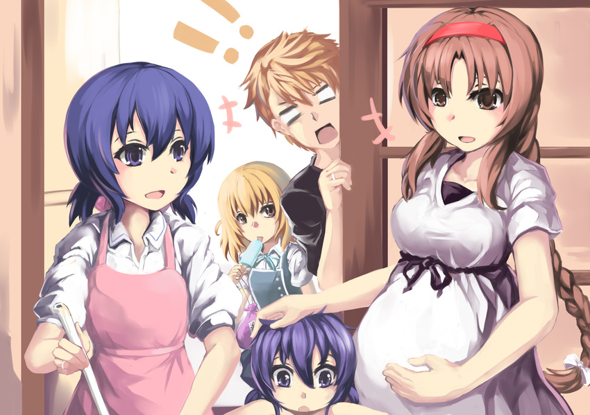 apron blonde_hair blue_eyes blue_hair braids brown_eyes brown_hair d-fragments funabori headband ice_cream kazama_kenji long_hair lu_hao_liang male pregnant shibasaki_roka takao_buchou yellow_eyes