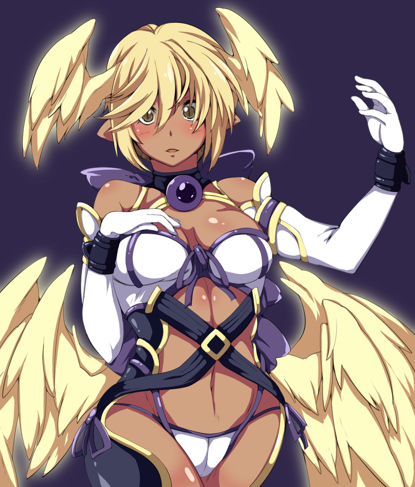 arm_up bare_shoulders blonde_hair blush breasts cleavage colorized commentary_request dark-skinned_female dark_skin elbow_gloves female gloves head_wings highres koha_(midnight_pleasure) large_breasts lilith_(shinrabanshou) looking_at_viewer midriff navel panties pointy_ears shinrabanshou sho-1 short_hair side-tie_panties solo underwear wings yellow_eyes